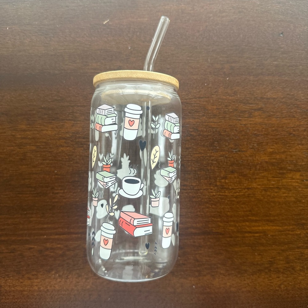Clear Glass Tumbler with Coffee Print and Bamboo Lid